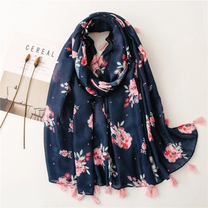 Floral Print Scarf Retro Pastoral Navy Blue Cotton Linen Feel Tassel Shawl For Women Summer Sunscreen Beach Wrap