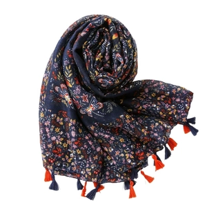 Ethnic floral cotton linen shawl with blue butterfly print and fringe for beach wear