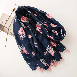 Navy blue floral scarf with pink tassels and vintage rose pattern on white background