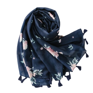 Navy blue floral scarf with pink blossoms and tassels, lightweight summer sun shawl