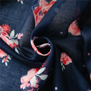 Vintage floral scarf with large pink flowers on a navy blue breathable cotton linen fabric