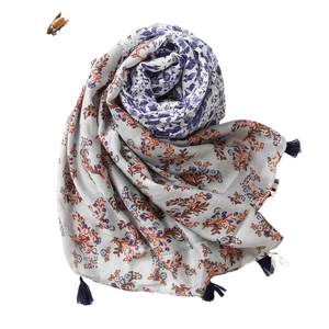 Floral cotton linen scarf with blue tassels and vintage grey botanical print for women