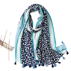 Soft cotton linen scarf with blue grape leaf print and tassel fringe for sun protection