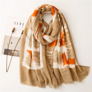 Abstract geometric cotton linen scarf with tassels in orange and beige tones