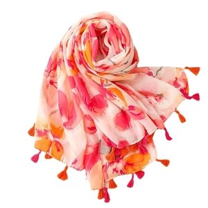 Floral butterfly print shawl scarf with fringe tassels in pink and orange tones