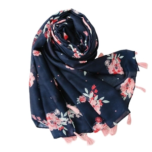 Vintage floral cotton linen scarf in navy blue with pink flowers and fringe tassels