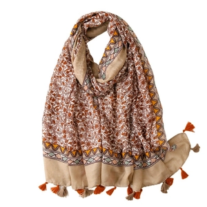 Bohemian floral cotton linen scarf with tassels and geometric patterns for beach sun protection