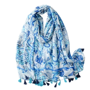Blue and white paisley print linen scarf with fringe tassels for sun protection