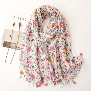 Women Floral Print Scarf Lightweight Voile Shawl With Tassels Summer Sunscreen Wrap Breathable Beach Accessories