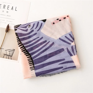 Detail of pink and lilac abstract zebra print scarf with delicate fringed edges