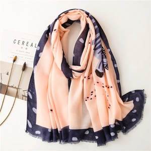 Abstract zebra print cotton linen scarf in pink and navy with fringed edges