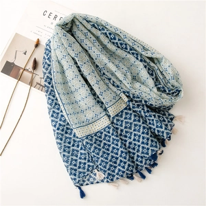 Blue and white geometric pattern cotton linen scarf with handmade fringe tassels