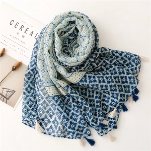 Navy and beige geometric print linen cotton scarf with elegant handmade tassels