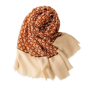 Retro linen scarf with geometric circle patterns and fringe in warm brown and beige