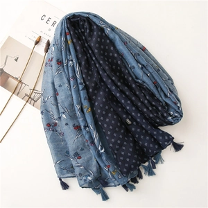 Bohemian blue floral cotton scarf with polka dots and tassels for beach sun protection