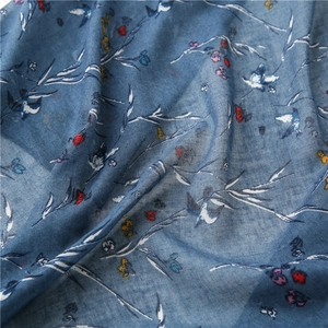 Vintage blue floral cotton linen scarf with bird print, long beach sunscreen shawl wrap