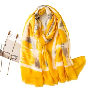 Abstract geometric cotton linen scarf for women in bright yellow and grey watercolor