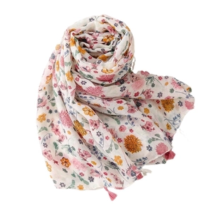 Floral print voile scarf with pink tassels and colorful small flower pattern for women