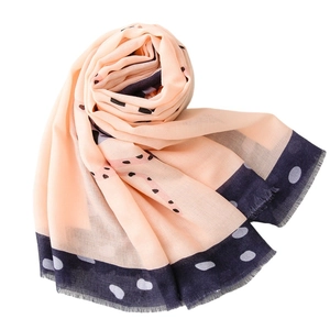 Lightweight cotton linen long scarf with abstract navy dots and frayed edges on pink base