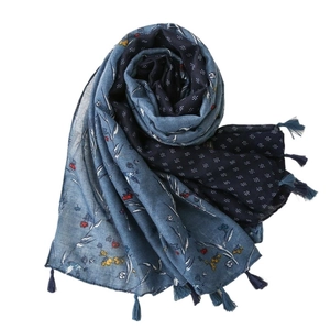 Blue vintage floral cotton linen scarf with tassels and bohemian patchwork patterns