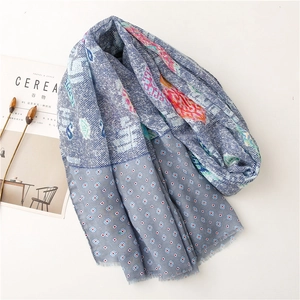 Detailed pattern view of a soft navy blue and grey paisley cotton linen shawl for women