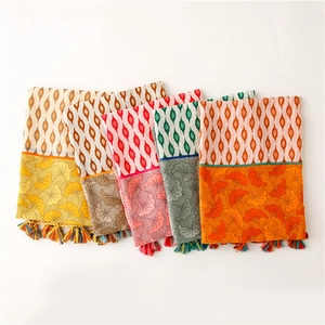 Vintage geometric floral cotton linen scarves with tassels in five vibrant colors