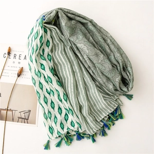 Detailed close-up of multi-patterned geometric floral scarf with colorful tassel edges