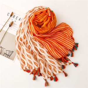 Detailed texture of geometric floral print scarf with multi-color tassels and fringes