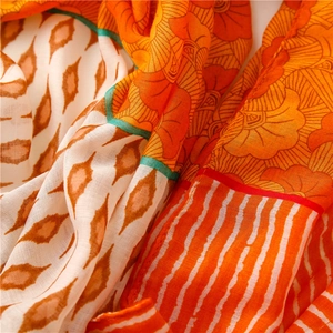 Macro detail of vintage floral geometric print scarf showing soft texture and vibrant colors