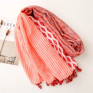 Close-up of vintage geometric floral print scarf with tassels and soft cotton texture