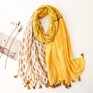 Detail view of floral vintage shawl with colorful tassel fringe and geometric patterns
