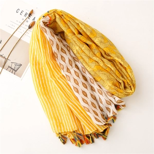 Detail view of the colorful tassel fringe and vintage floral print on cotton linen scarf