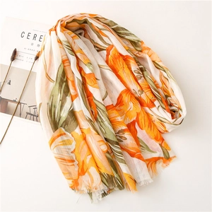Floral print lightweight cotton linen scarf shawl with orange and green flower pattern