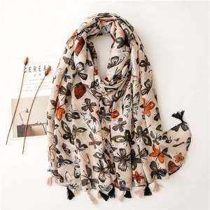 Écharpe À Imprimé Papillon Pour Femmes Style Vintage Sensation Coton Lin Châle Léger Protection Solaire Longue Avec Glands