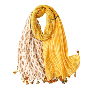 Vintage floral geometric patchwork scarf with colorful tassel edges for sun protection