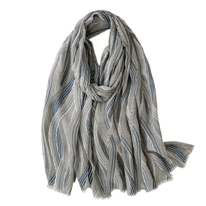 Schal im Retro-Wellendesign mit Fransen aus Baumwolle und Leinen, Blau und Beige für Damen