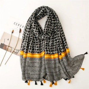 Western Retro Geometric Grid Color Block Scarf For Women Polyester Cotton Linen Feel Long Shawl Tassels Sun Protection Scarf