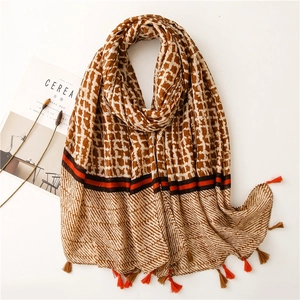 Retro geometric pattern long scarf with fringe details and vintage contrast mesh design