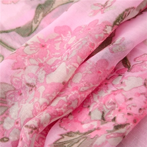 Close-up of pink floral printed fabric showing breathable texture and petal patterns