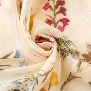 Retro beige floral scarf with sequins, lightweight long gauze sun protection wrap for women