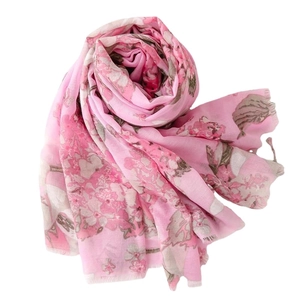Vintage floral print long scarf with tassels in rose pink lightweight fabric for women
