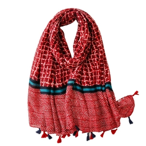 Retro geometric grid long scarf in red and white with colorful tassels for women