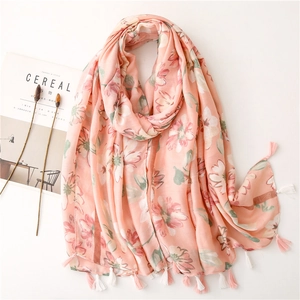Sciarpa Lunga Donna Stampa Floreale Leggera Sensazione Cotone Lino Stile Etnico Retro Con Nappine Protezione Solare