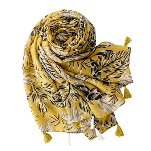 Longue écharpe jaune gingembre avec motif feuilles de bananier et glands frangés élégants
