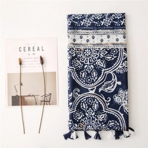 Detail of vintage floral print scarf with elegant long tassels on white background
