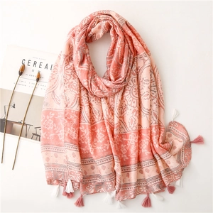 Bohemian Ethnic Floral Print Scarf Shawl Lightweight Polyester Cotton Touch Tassel Fringe Women
