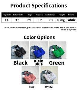 Size chart and color selection for large quilted cotton tote bag with dimensions and specs