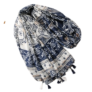 Navy blue and white vintage floral print scarf with elegant tassels and gold accents