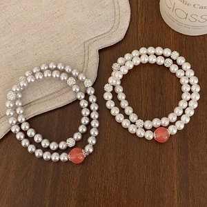 Bracelet Künstliche Perles Fantaisie Multirangs Avec Künstliche Perles Intermédiaires En Strass Élégant Polyvalent Bijou Élastique Pour Femme
