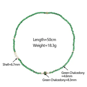 Chinese style green chalcedony and sea shell beaded necklace, length 50cm with gold accents